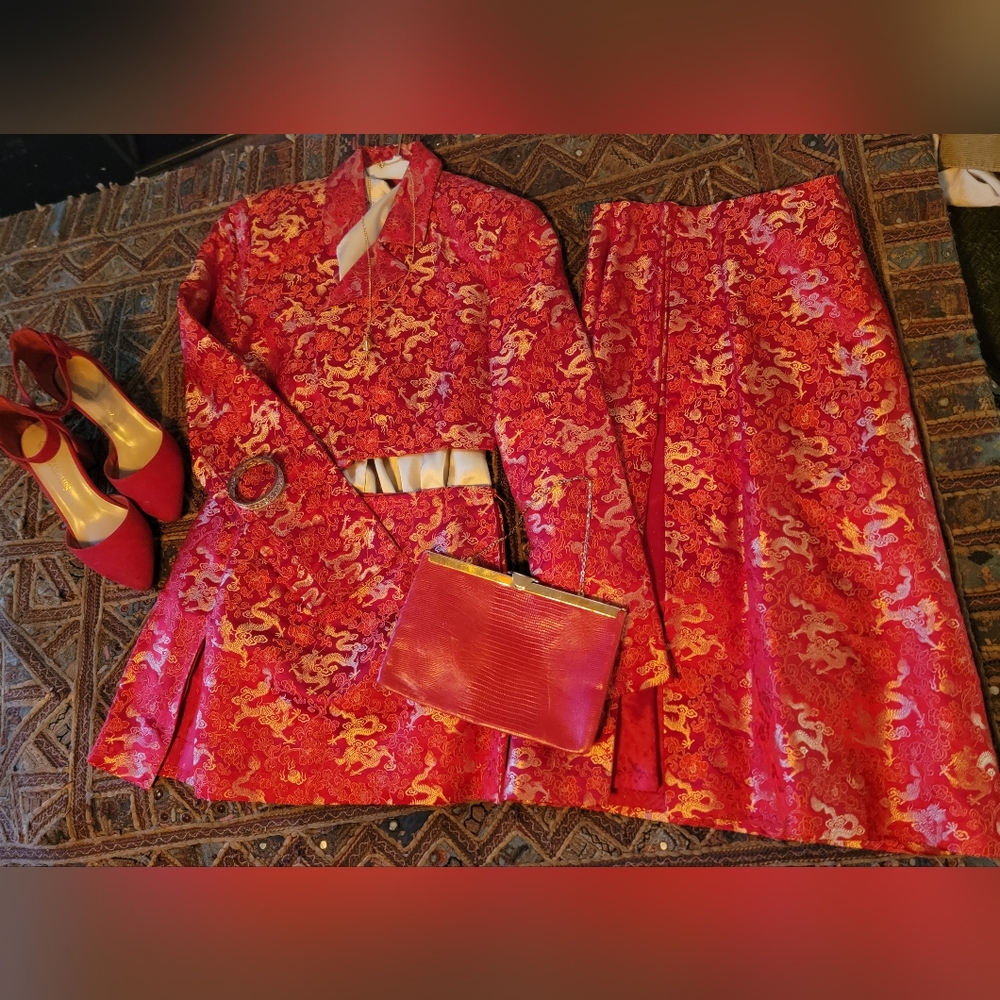 Vintage Red Gold Dragon Skirt Suit